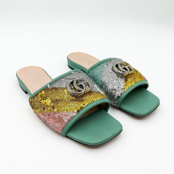 Gucci GG Marmont Sequin Sandals Slides Mules Size 36.5, 6.5 - Picture 1 of 15